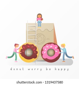 Donuts Advertising Banner  - Cartoon Small Size People are Rolling Big Donuts for Packaging and Girl Drinking Tea with Donut. Vector Illustration.
