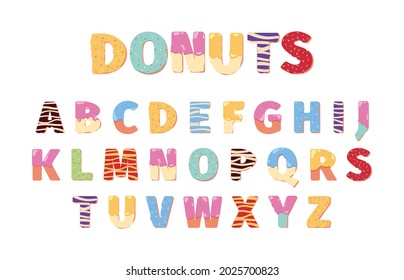 Donuts alphabet. Attraction funny text letters food cake lettering 3d dessert symbols for design menu projects garish vector illustrations alphabet templates