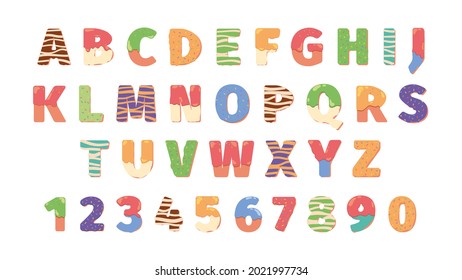 Donuts alphabet letters. Food symbols text funny icons numbers and lettering colored templates garish vector cakes alphabet