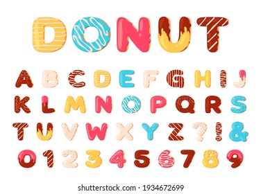 Donuts Alphabet. Sweet Doughnut Font Letters And Numbers With Icing Cream. Cartoon Baked And Chocolate Glazed Type. Dessert Abc Vector Set