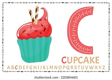 Donuts alphabet. Sweet doughnut font letters and numbers with icing cream. Cartoon baked and chocolate glazed type. Dessert abc vector set. C- Cupcake.