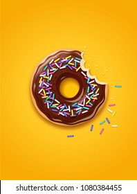 Donuts. American sweet dessert. Chocolate, glaze covered, fast-food sweets desserts. Traditional breakfast and lunch. Candy food. EPS10 vector illustration.