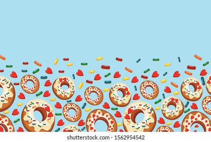Donuts. Background image. on a blue background donuts and desserts decoration elements. Place for text. Decor element. Vector illustration.