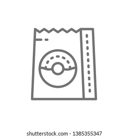 Donuts in bag, food package, takeaway line icon.