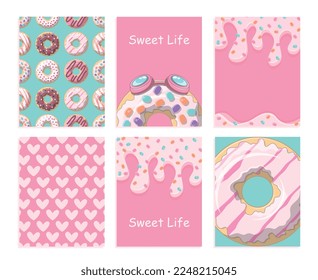 Donuts banner set. Collection of graphic elements for website. Design for invitation and greeting postcard. Poster, cover or banner. Cartoon flat vector illustrations isolated on white background