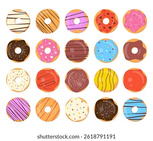 Donuts Big Vector Collection. Top View Isolated Pastry Set. Doughnuts with Color Sugar Glaze and Sprinkles Bundle. 