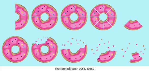 Donuts, bitten pieces of a donut. Cutted donut on different parts .. Flat design, vector illustration, vector.