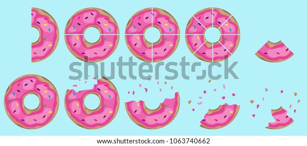 Donuts, bitten\
pieces of a donut. Cutted donut on different parts .. Flat design,\
vector illustration,\
vector.