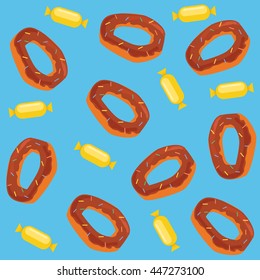 Donuts blue background. Vector flat cartoon illustration