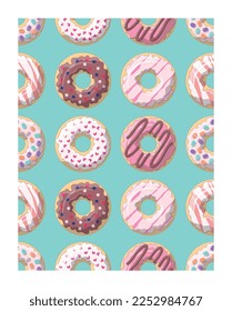 Donuts blue banner. Repeating design element for printing on fabric, seamless pattern. Gift, present or surprise. Sweetness, dessert and delicacy. Cartoon flat vector illustration