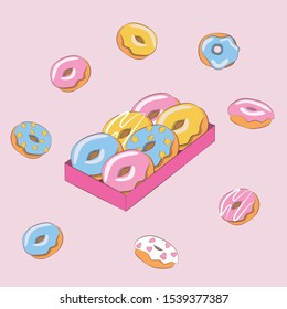 Donuts in box. Isoleted donuts. Glaze covered, pink, blue and yellow sweets desserts. Cafe decoration, delivery box. Sweet food. 