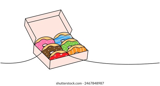 Donuts in a box one line colored continuous drawing. Bakery sweet pastry food. Vector linear illustration.