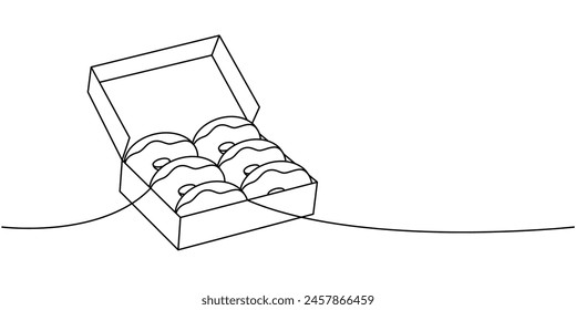 Donuts in a box one line continuous drawing. Bakery sweet pastry food. Vector linear illustration.