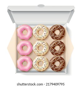 Donuts box. Realistic sweet pastries with different types glazes and sprinkles in cardboard package, caloric fast food. Vanilla, strawberry and chocolate 3d elements, utter vector concept