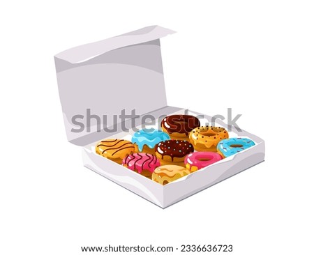 Donuts in the box. Sweet snack dough in box, chocolate cake dough in paper box with logo, appetizing glazed dessert. Vector colorful set of snack food in box illustration