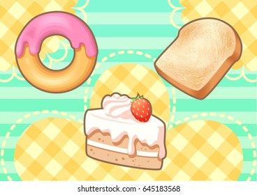 donuts bread and cake with plaid pattern in flower background