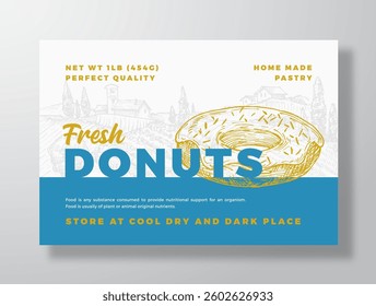 Donuts Bread Vector Packaging Design Label Background. Bakery Food Product Banner, Hand Drawn Pastry Food Sketch Silhouette Color Paper Banner Layout. Isolated