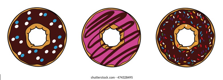 Donuts with brown chocolate and pink glaze. Donuts with powder. Donut set isolated on a white background. Vector picture with donut. Vector illustration.