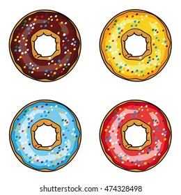 Donuts with brown, red, yellow and blue glaze. Donuts with powder. Donut set isolated on a white background. Vector picture with donut. Vector illustration.