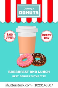 Donuts cafe flyer, poster, brochure, menu, banner. Promo element. Vector illustration