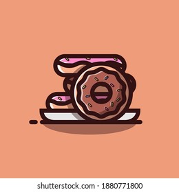 Donuts Cafe on Plate Flat Cartoon Icon Illustration. Premium Vector Cafe Icon Concept Isolated. Flat Cartoon Style
