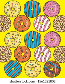 Donuts with candies. Yellow pattern. The environment for cafes, restaurants, cafes and restaurants. Texture design for menu, brochure, banner, website. Vector illustration. Donut pattern