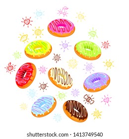 Donuts with caramel and funny doodles in the form of stars, hearts, and sweet stuff. Glazed snack. Print and logo for bakery, pastry shops, etc. Color fill isn't the gradient. Vector illustration.