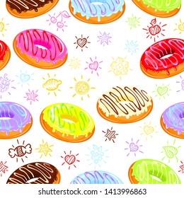 Donuts with caramel and funny doodles in the form of stars, hearts, sweet stuff. Glazed snack. Texture or wallpaper for bakery, pastry shops, etc. Color fill isn't the gradient. Vector illustration.