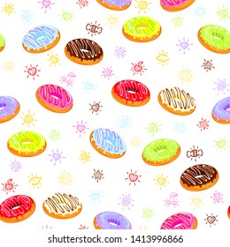 Donuts with caramel and funny doodles in the form of stars, hearts, sweet stuff. Glazed snack. Texture or wallpaper for bakery, pastry shops, etc. Color fill isn't the gradient. Vector illustration.