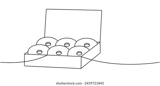Donuts en una caja de cartón de una línea de dibujo continuo. Panadería dulce pastelería. Ilustración lineal de Vector.