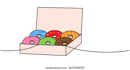 Donuts in a cardboard box one line colored continuous drawing. Bakery sweet pastry food. Vector linear illustration.