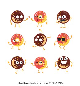 Donuts Cartoon Character - modern vector template set of mascot illustrations. Gift images of donuts dancing, smiling, having a good time. Emoticons, friendship, coolness, surprise, emotions