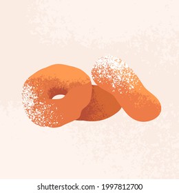 Donuts cartoon illustration. Fried dough with filling and powdered sugar on top. Sweet bakery isolated vector.