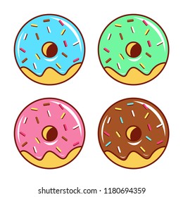 Donuts cartoon set with pink and blue icing covered with chocolate and sprinkles isolated vector illustration flat design