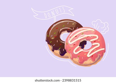 Donuts in cartoon style on purple background. Doodle. Vector illustration for poster, banner, website, advertisement. Vector illustration with colorful sweet dessert. Vector illustration