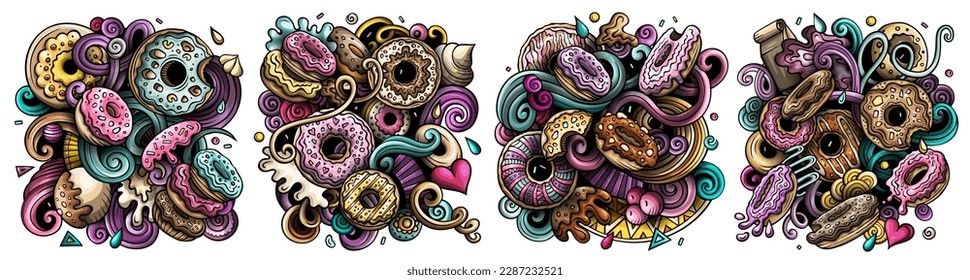 Diseños de doodles vectores de dibujos animados de Donuts. Coloridas composiciones detalladas con muchos objetos y símbolos de rosquero. Isolación en ilustraciones blancas