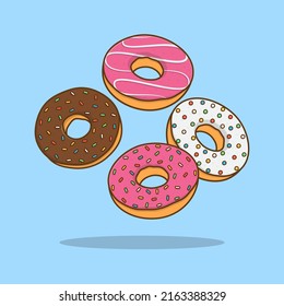 Donuts Cartoon Vector Illustration. Falling Donuts Flat Icon Outline. Flying Donuts 