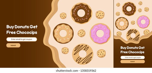 Donuts and Choco chips web banner template design and mobile apps design vector design. Food theme landing page design. Vector illustration.