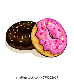 donuts with chocolate and frosting isolated at the white background