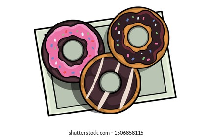 Donuts with chocolate frosting and pink donut desserts on dish cartoon. vector illustration

