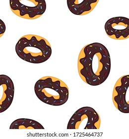 Donuts with chocolate frosting. Seamless pattern on white background. Vector illustration