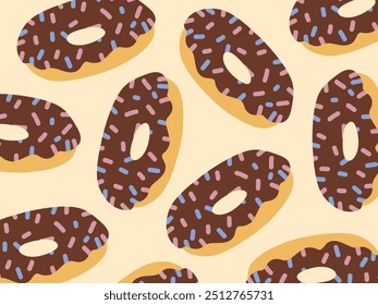 Donuts in chocolate glaze with sprinkles on beige background. Pattern with pastries. Tasty food. Vector illustration
