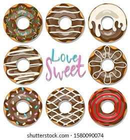 Donuts with chocolate icing. Glazed colored donut with icing sprinkles. Background for cafes, restaurants, coffee shops. Design texture for menu, booklet, banner, website. Vector illustration.