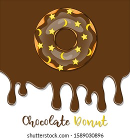 Donuts with chocolate icing. Glazed colored donut with icing sprinkles. Background for cafes, restaurants, coffee shops. Design texture for menu, booklet, banner, website. Vector illustration.