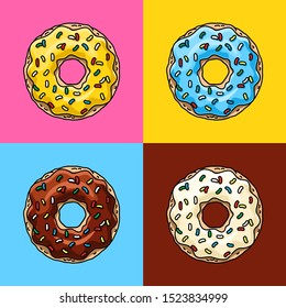 Donuts with chocolate, lemon, blue mint and white glaze and colored sprinkles.Vector illustration