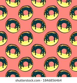 Donuts with chocolate, seamless pattern on orange background.