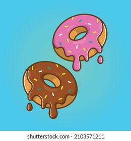 Donuts. Chocolate and strawberry donuts. Illustrator design. Vector art. Cartoonish design. Yummy snacks. Tasty dessert. Digital art. Hand drawing.