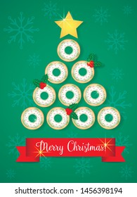 Donuts Christmas tree on green background.