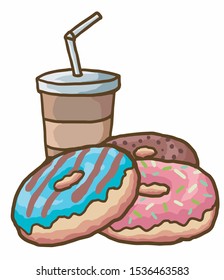 donuts and coffe with variants taste in vector with doodle style illustration art. 