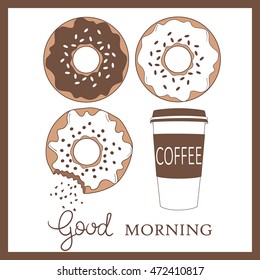 Donuts and coffee background. Doodle backdrop with sketch objects and food icon. Good morning design